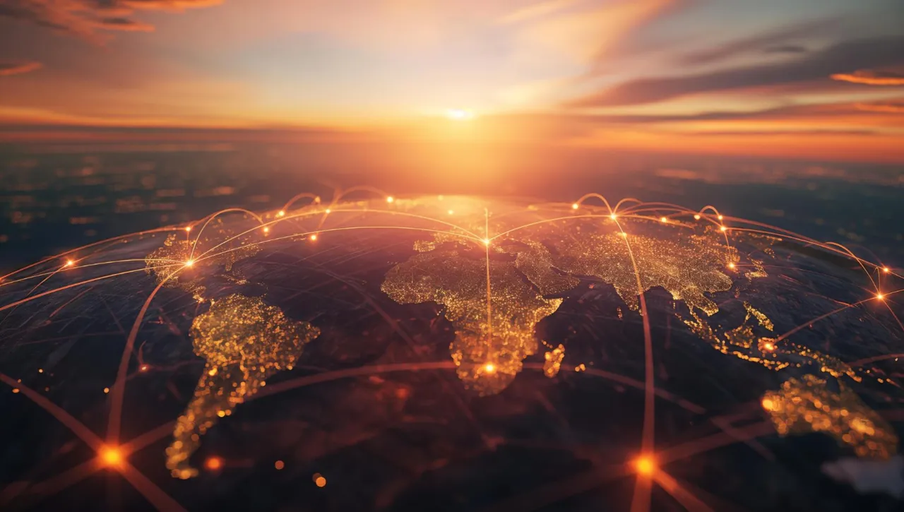Global business network connecting continents at sunrise